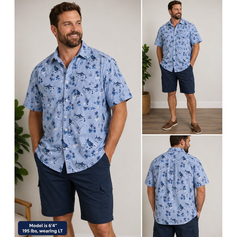 IZOD Shirt Marlin Palm Tree Print Short Sleeve Saltwater Fishing Blue LTa